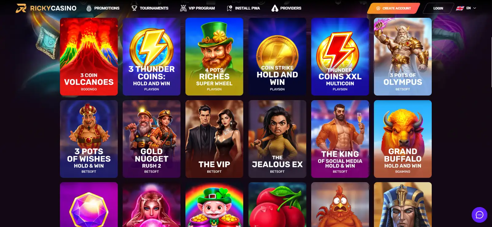 Ricky Casino public website interface shown in a browser-page screenshot