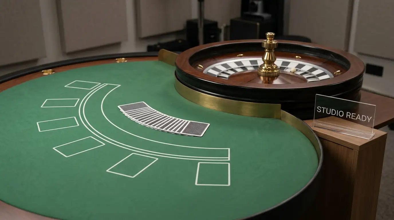 A quiet live-dealer tabletop with cards and a roulette wheel under soft studio lighting