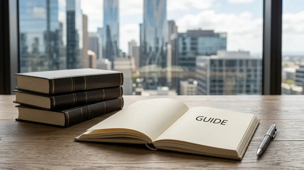 Open law reference books and a notebook beside an abstract Australian city skyline
