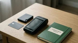 An unbranded bank card and payment terminal beside a hardware wallet and blank notebook
