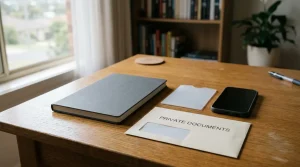 Closed notebook, blank identity-document sleeve and unbranded smartphone on a plain desk
