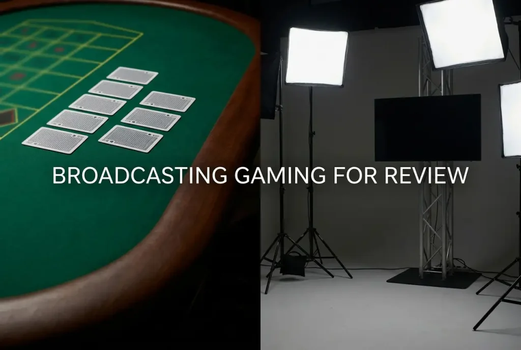 Unbranded roulette table detail beside studio lighting and a blank gaming monitor