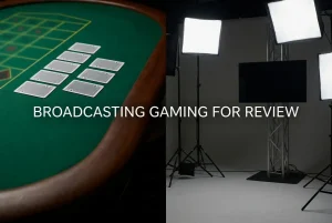 Unbranded roulette table detail beside studio lighting and a blank gaming monitor