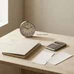 Unmarked financial ledger beside a plain desk clock and a closed calculator