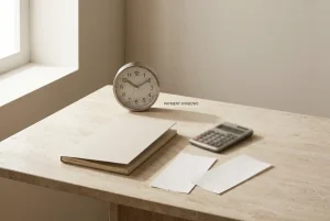 Unmarked financial ledger beside a plain desk clock and a closed calculator